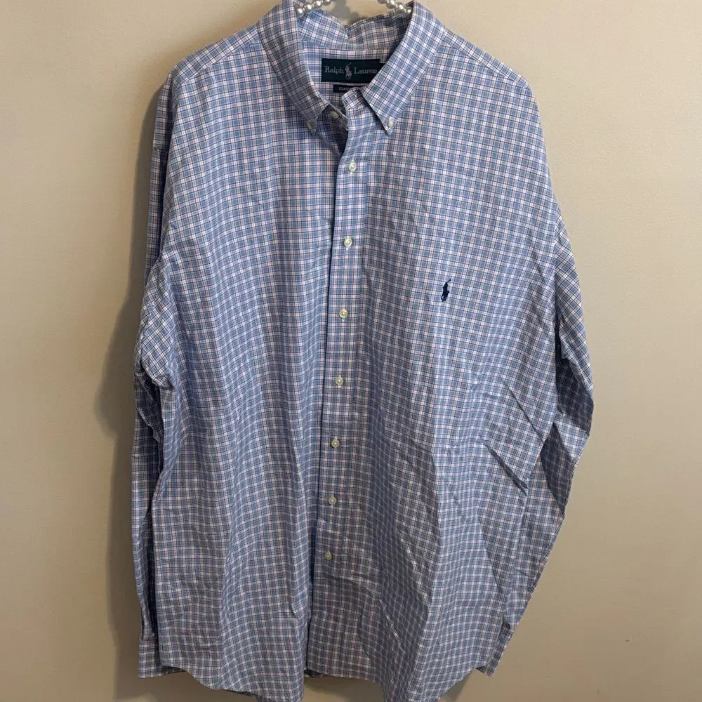 Ralph Lauren Light Blue Pink and White Plaid Button-Down Shirt size xl tall